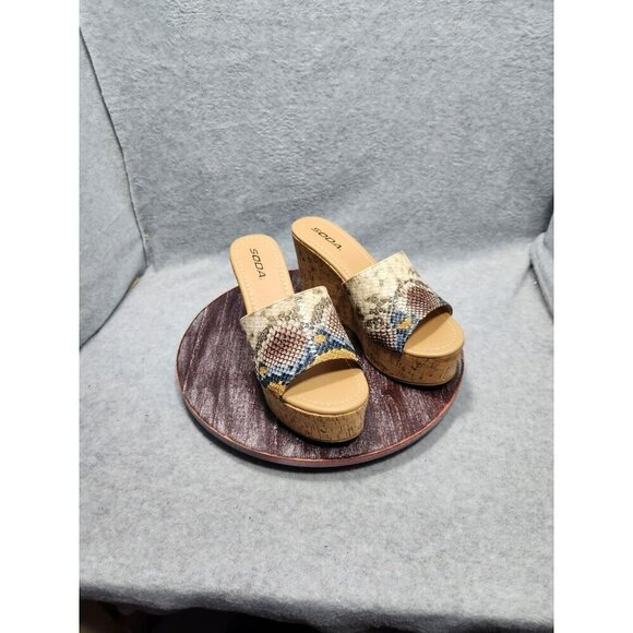 Soda Womens Snake Print Cork Wedge Sandals Size 8 - Picture 1 of 12